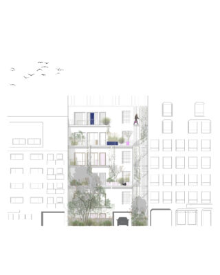 Die architektonische Schnittzeichnung zeigt ein mehrstöckiges Wohngebäude mit Balkonen, Grünflächen, Menschen und angrenzenden Gebäuden. Auf der linken Seite fliegen Vögel am Himmel.