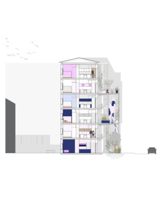 Querschnittsdarstellung eines mehrstöckigen Gebäudes mit verschiedenen Räumen, Balkonen, Menschen, Pflanzen und einem vertikalen bemalten Motiv an der rechten Fassade.