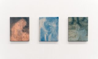 Drei abstrakte Gemälde in gedeckten Farbtönen – Rosa, Blau und Grün – sind nebeneinander an einer weißen Wand angebracht. Auf jeder Leinwand sind undeutliche, verschwommene Formen und Konturen zu sehen.