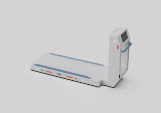 Ein modernes, weißes Laufband mit blauen und orangefarbenen Akzenten, ausgestattet mit einem digitalen Display und einem minimalistischen Design vor einem einfarbigen Hintergrund.