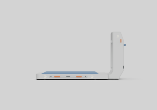 Ein minimalistisches, L-förmiges elektronisches Gerät mit Tasten und Anschlüssen im unteren Bereich, abgebildet vor einem schlichten, hellen Hintergrund.