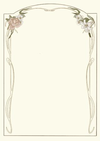 Zierrand mit einer rosa Rose oben links und weißen Lilien oben rechts, mit einem kunstvollen, geschwungenen Muster auf cremefarbenem Hintergrund. Freier Bereich in der Mitte.