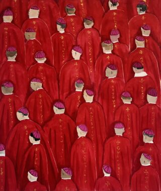 Painting of many figures seen from behind wearing red clerical robes and small matching caps, with the word “PALESTINE” written vertically down the back of one robe.