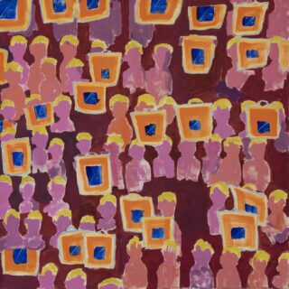 Painting of many stylized pink figures holding orange and blue square signs against a dark red background.