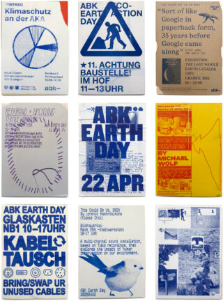 Ein Raster aus neun Plakaten in Blau, Gelb und Weiß mit verschiedenen Text- und Grafikdesigns, die für Veranstaltungen, den Tag der Erde, Upcycling und Buchinformationen werben.