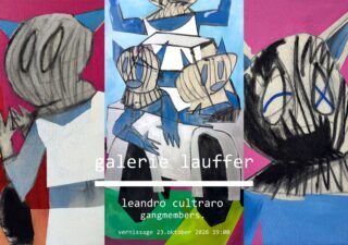 Ausstellungsplakat für Leandro Cultraros Ausstellung „gangmembers.“ in der Galerie Lauffer mit stilisierten, maskierten Figuren und Veranstaltungsdetails für den 23. Oktober 2026.