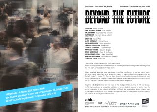 Ausstellungsplakat für „Beyond the Future“ mit den Ausstellungsterminen, einer Liste der teilnehmenden Künstler, Veranstaltungsdetails und den Logos der Partner.