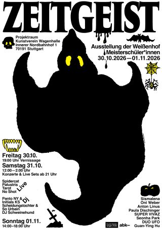 Veranstaltungsplakat für die Kunstausstellung „Zeitgeist“ im Projektraum Kunstverein Wagenhalle mit einer Illustration eines schwarzen Geistes und Veranstaltungsdetails für den 30. Oktober bis 1. November.