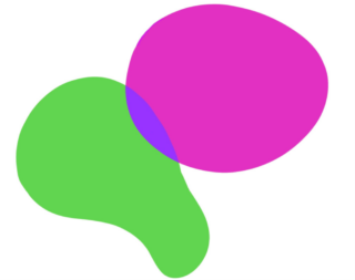 Ein grüner Fleck und ein rosa Fleck überlappen sich und bilden so einen violetten Mittelpunkt.