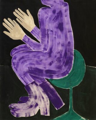 A painting of a faceless figure in a purple jumpsuit and platform boots sitting on a green stool with their hands raised.