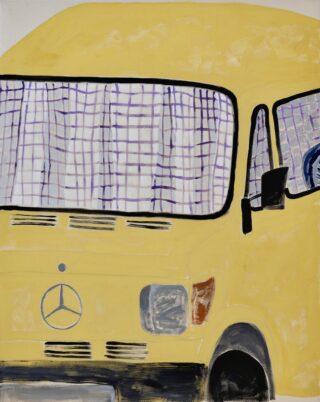 A painting of the front of a yellow Mercedes-Benz van with purple plaid curtains in the windshield.