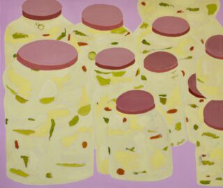 An oil painting of several glass jars filled with pickled vegetables and sealed with pink lids, arranged against a light purple background.